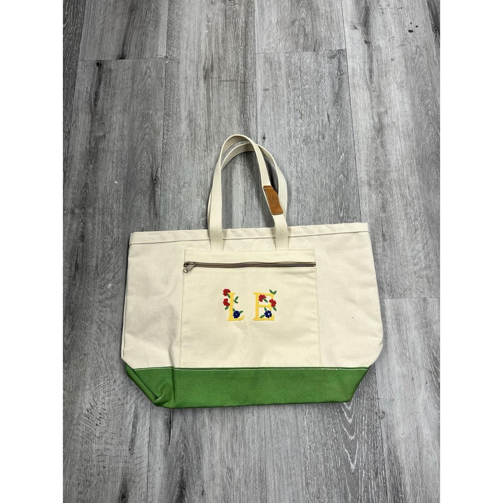 Vintage Dandux Embroidered Green Ivory Canvas Tote Bag